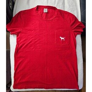 Victoria's Secret PINK Campus Tee Red Womens Shirt Dog Pocket Checkered Logo